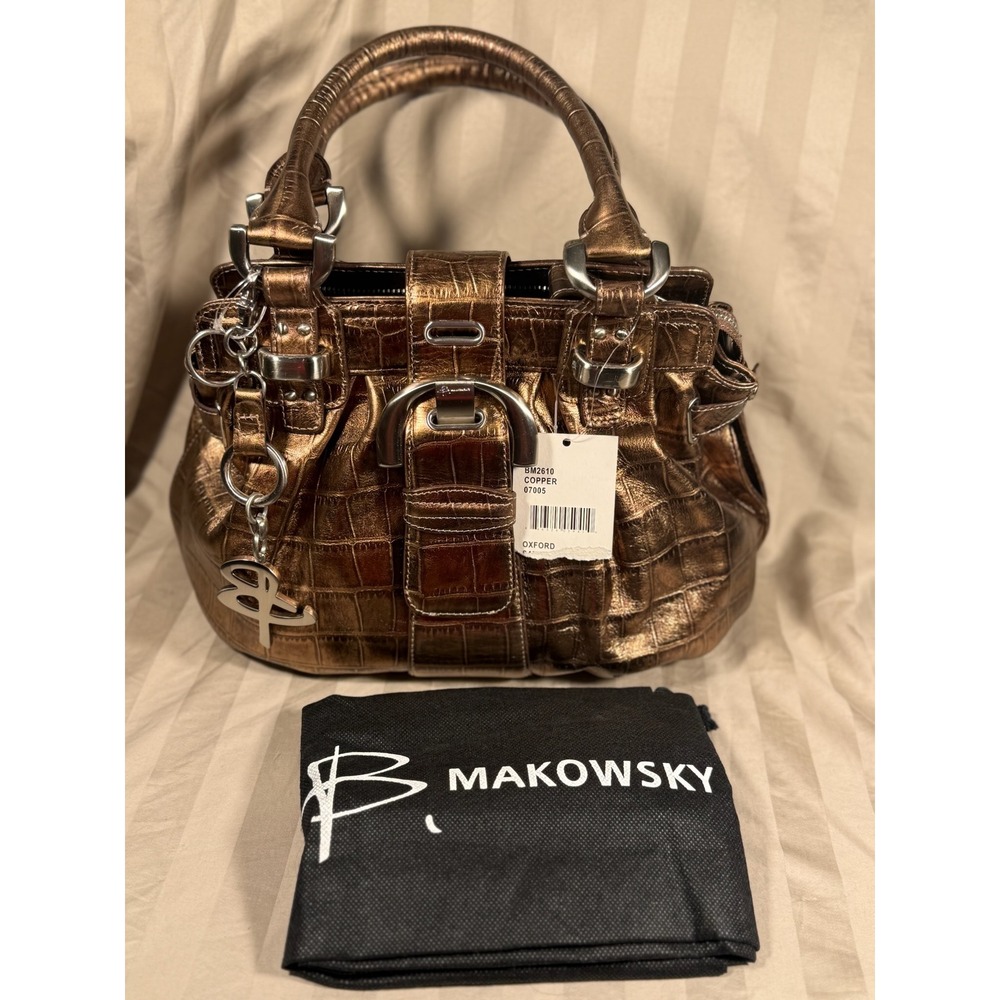 B. Makowsky Copper Metallic Croc Embossed Leather Satchel Handbag BM2610 NEW